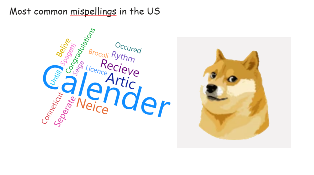 Doge with a word cloud of US misspellings