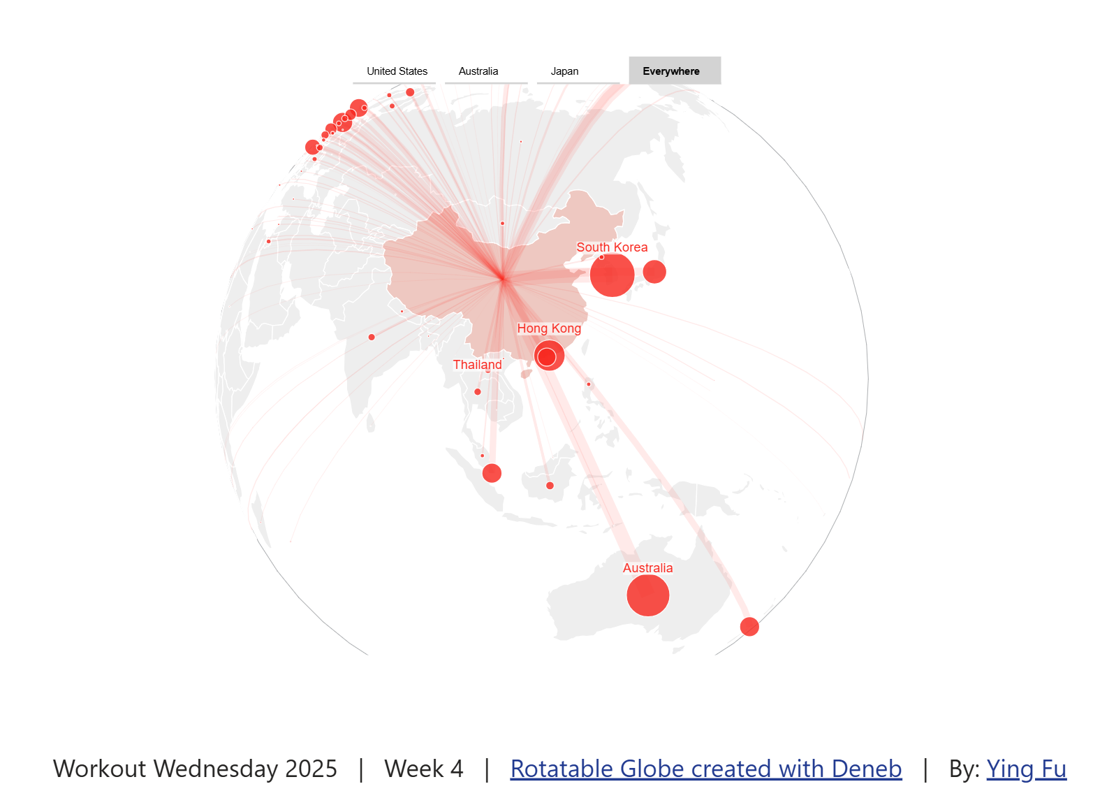 Screenshot of a globe created using Deneb in Power BI